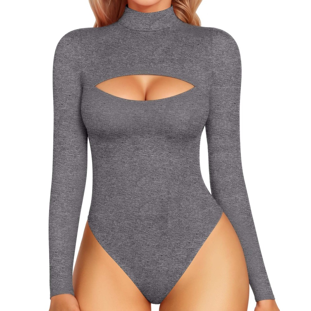 MangoPop NWT Bodysuit Turtleneck Long Sleeve Cutout Top Gray Size M‎